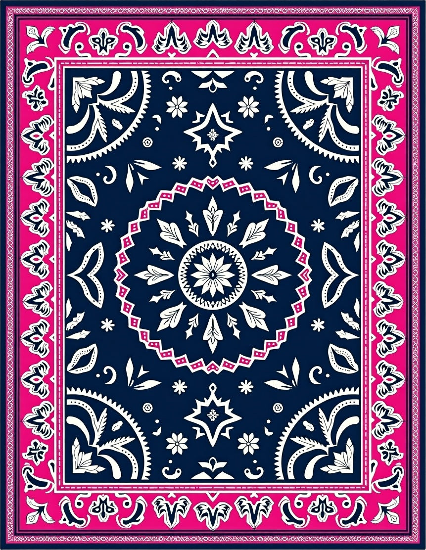 Navy Pink Floral Medallion Mandala Rug