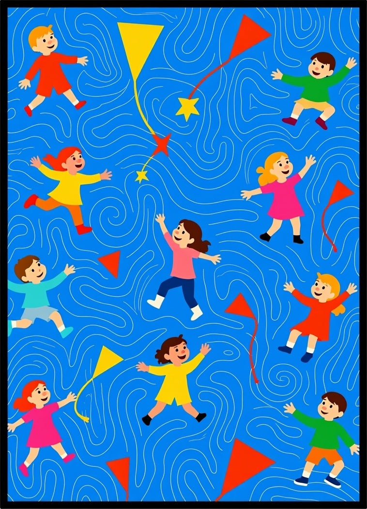 Kids Flying Kites Pattern Design Rug