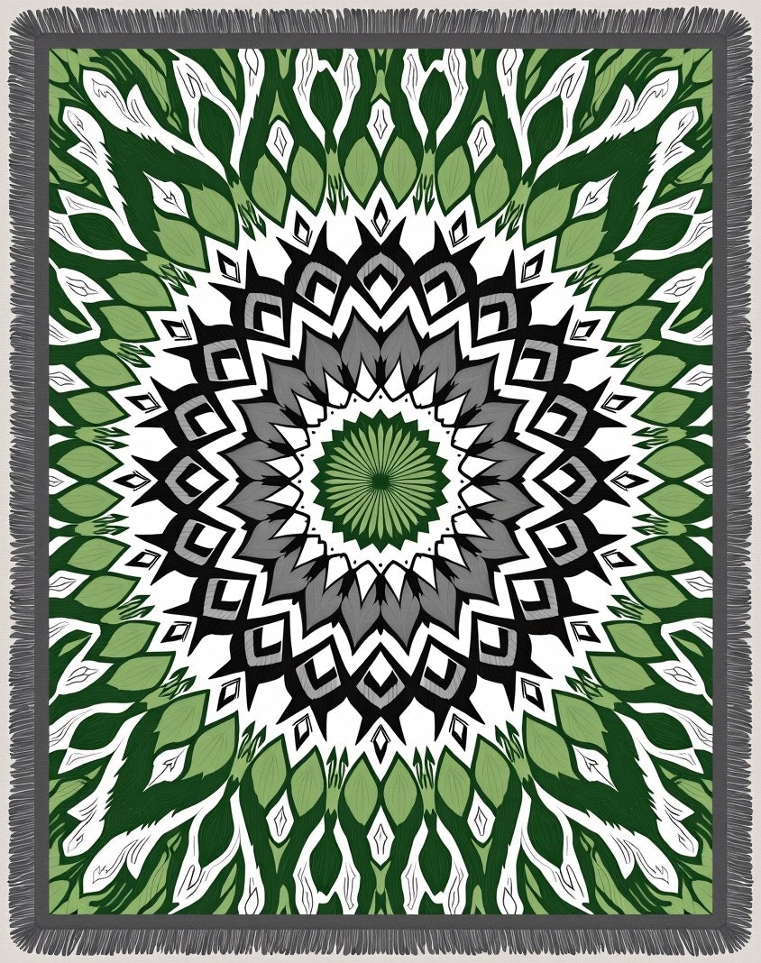 Green Grey Black Geometric Medallion Rug