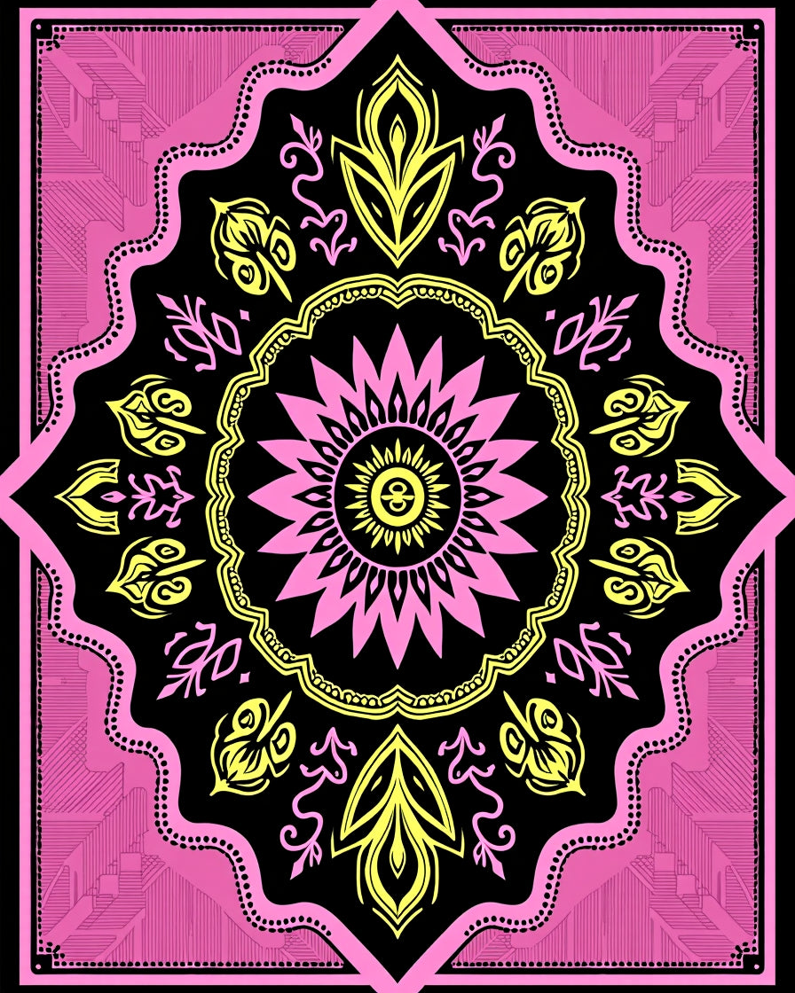 Bold Pink Yellow Sunburst Mandala Rug