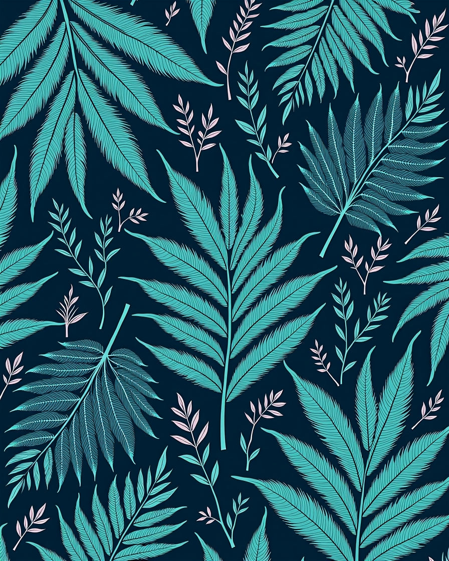 Teal Fern Leaf Botanical Pattern Rug