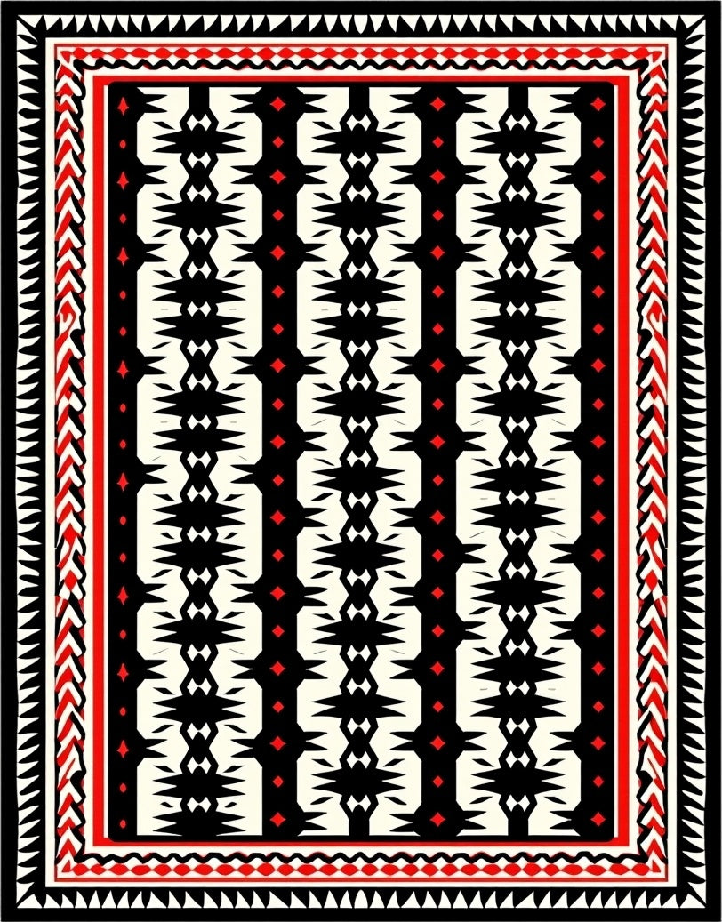 Bold Red Black Tribal Pattern Rug