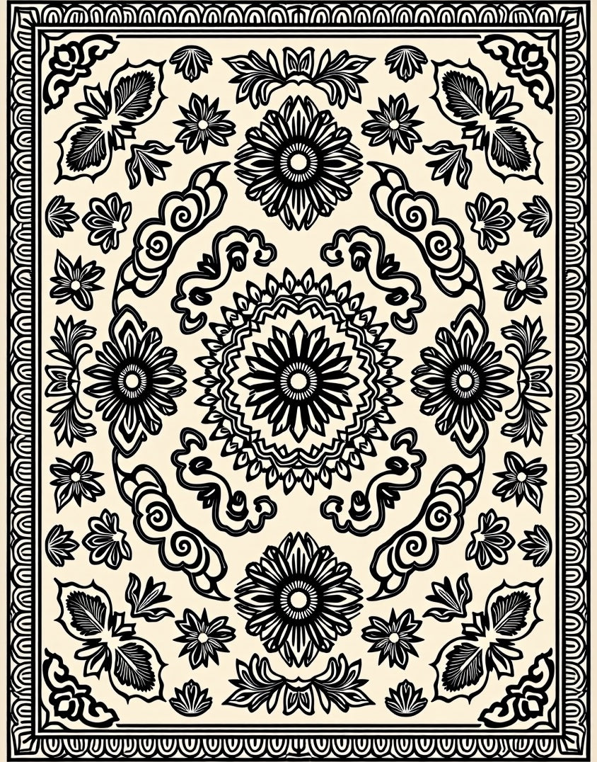 Mandala Floral Black Cream Design Rug