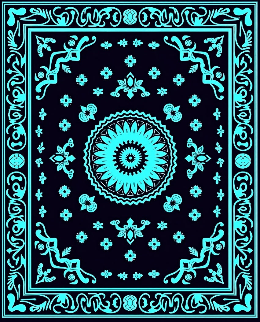 Cyan Floral Mandala Border Rug