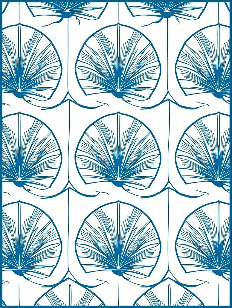 Blue Fan Patterned Graphic Art Rug