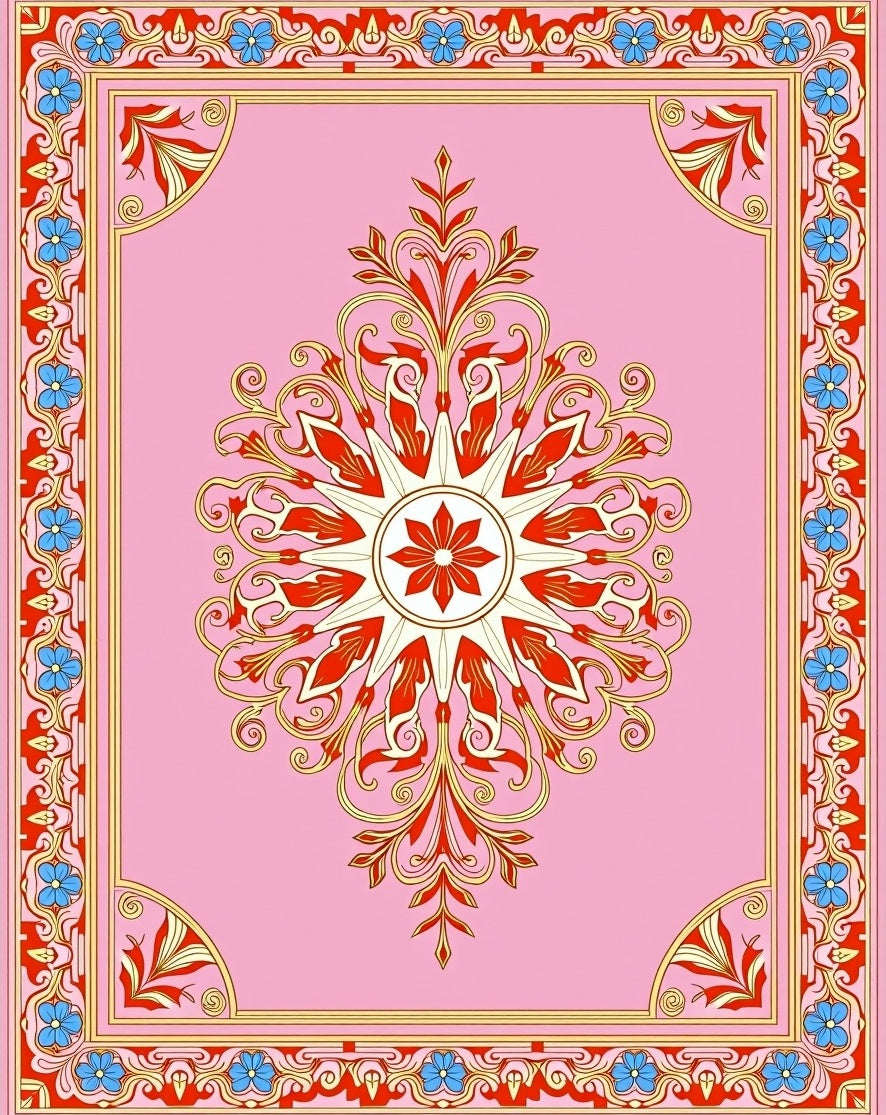 Elegant Pink Floral Medallion Border Rug