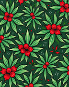 Stylized Red Berry Green Leaf Design Rug