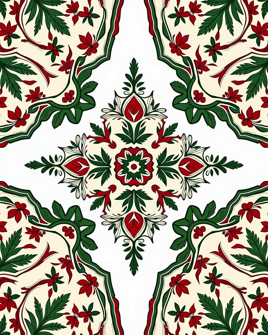 Ornate Red Green Floral Medallion Design Rug