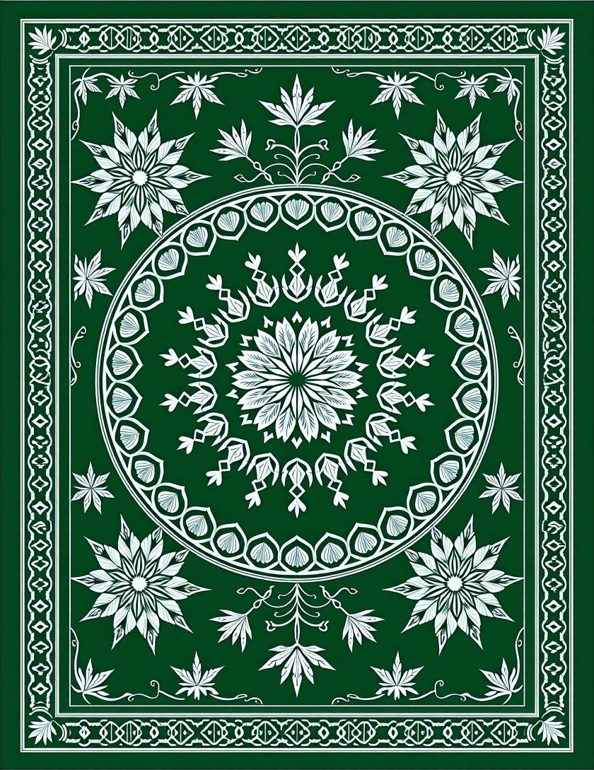 Emerald Green Floral Medallion Border Design Rug