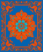 Bright Blue Orange Floral Medallion Border Rug
