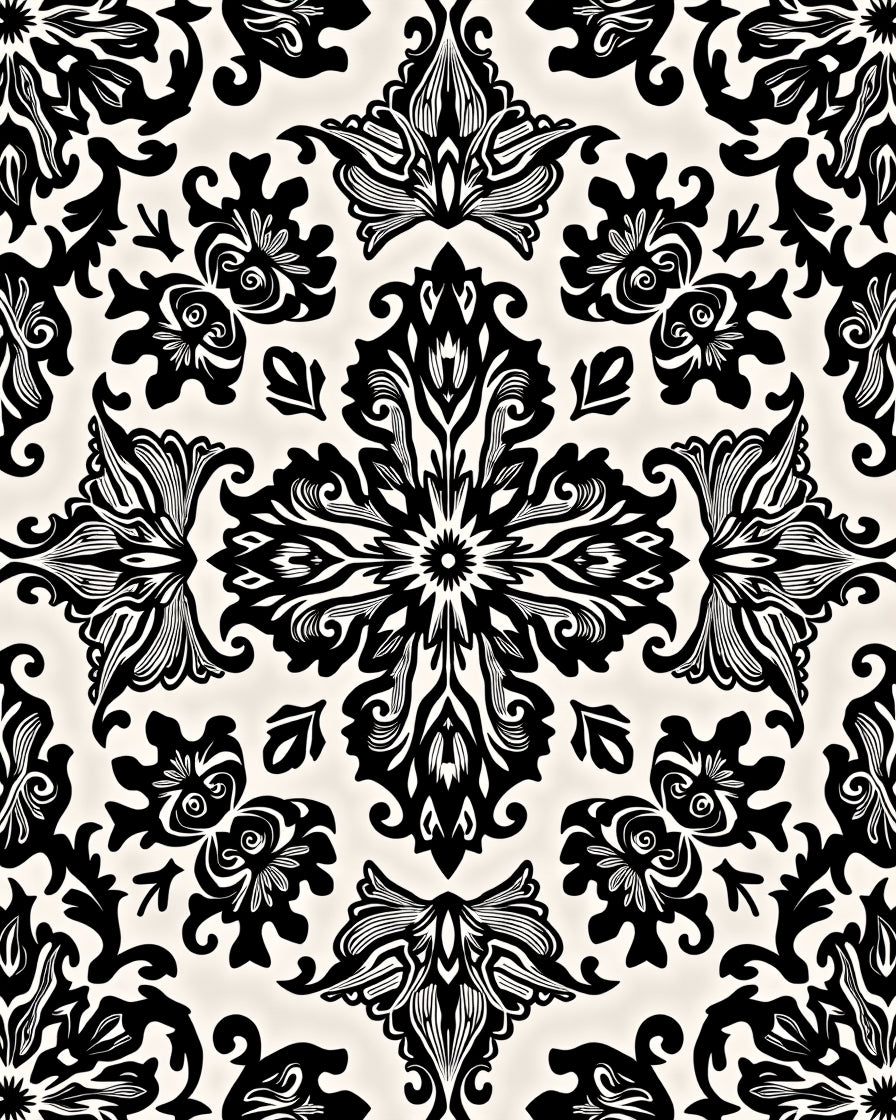 Ornate Black and White Floral Design Rug
