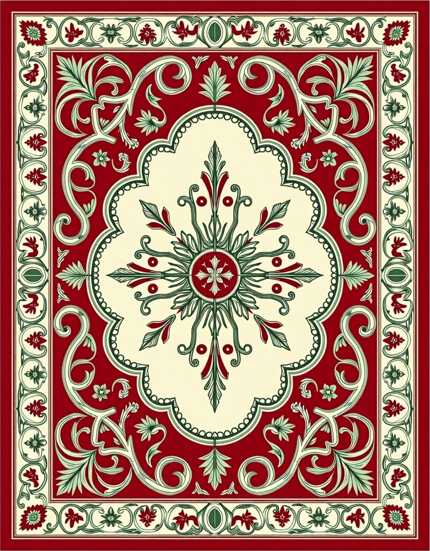 Elegant Red Green Floral Medallion Rug