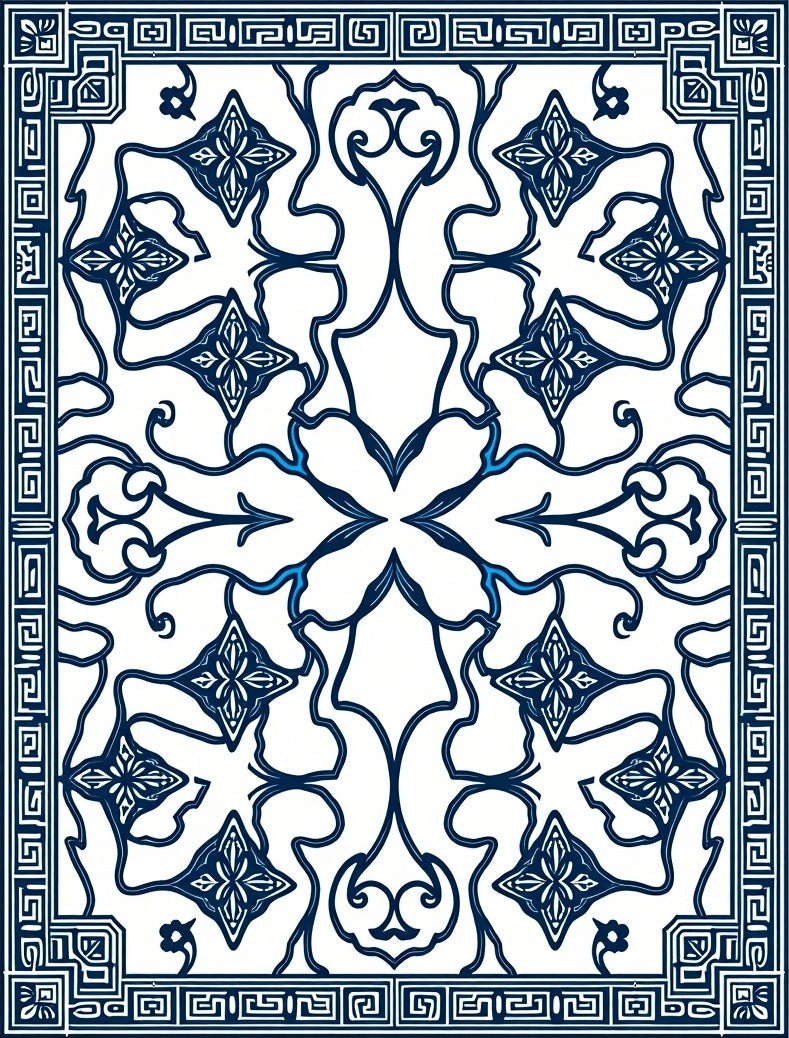 Symmetrical Blue White Floral Arrangement Rug