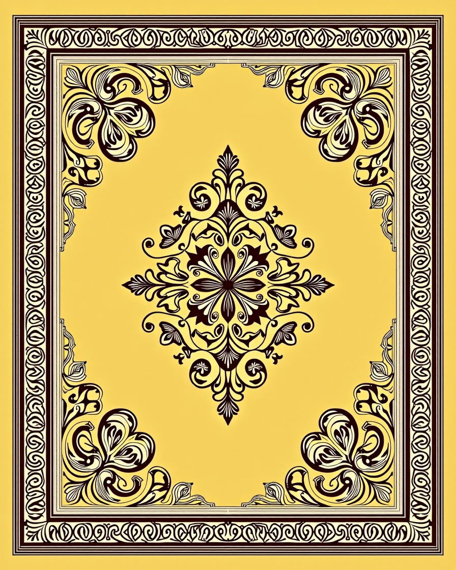 Elaborate Yellow Dark Brown Scroll Rug