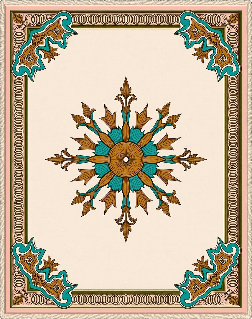 Gold Teal Elaborate Medallion Corner Rug
