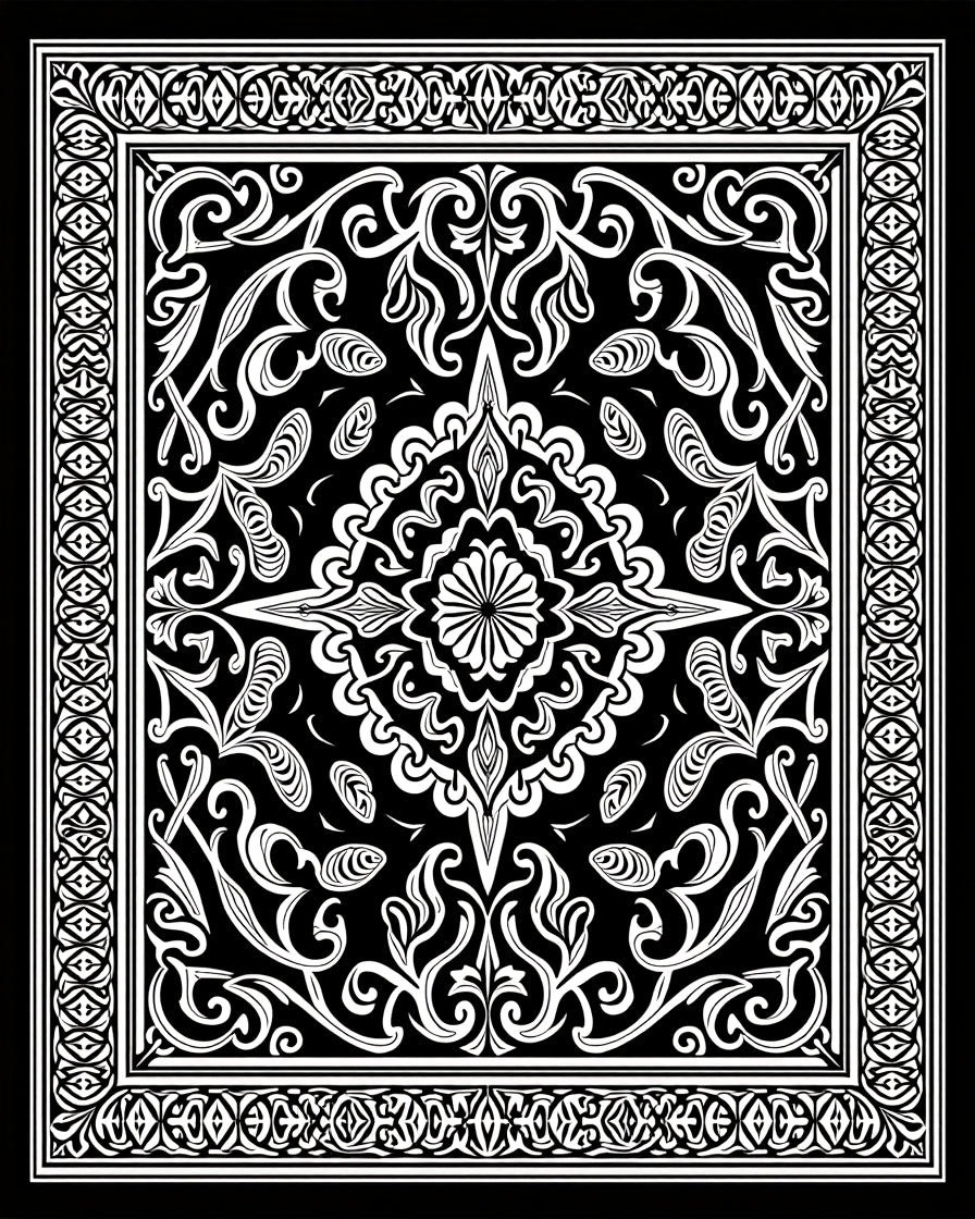 Black and White Intricate Floral Pattern Rug