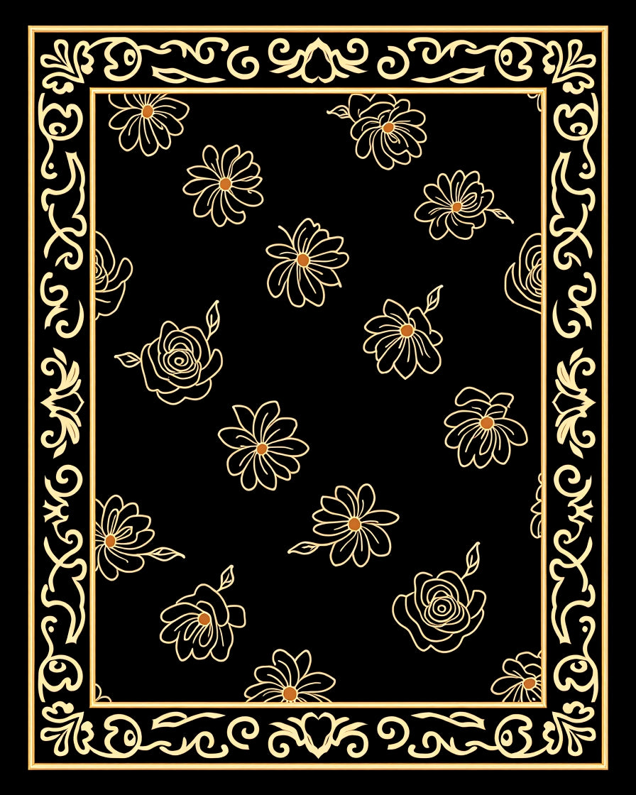 Black Floral Border With Gold Outline Rug
