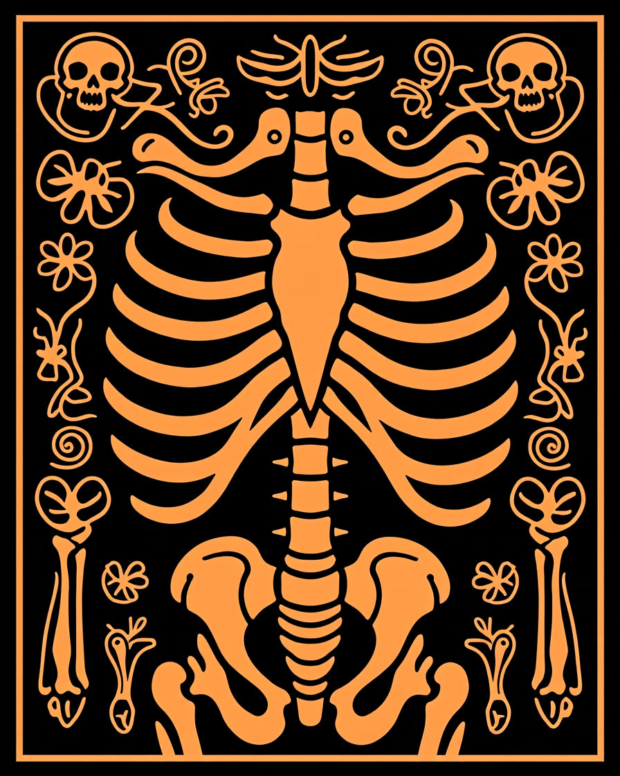 Orange Skull Ribcage Floral Pattern Rug