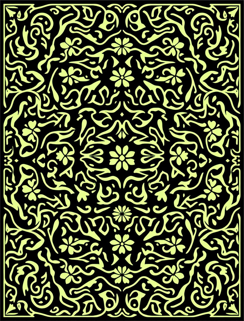 Black Yellow Floral Swirl Pattern Rug
