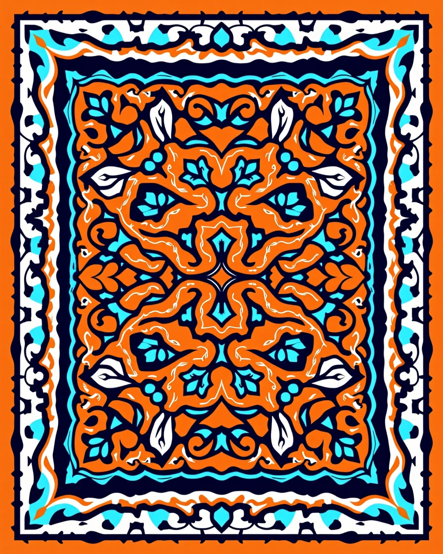 Vibrant Orange Teal Floral Medallion Rug