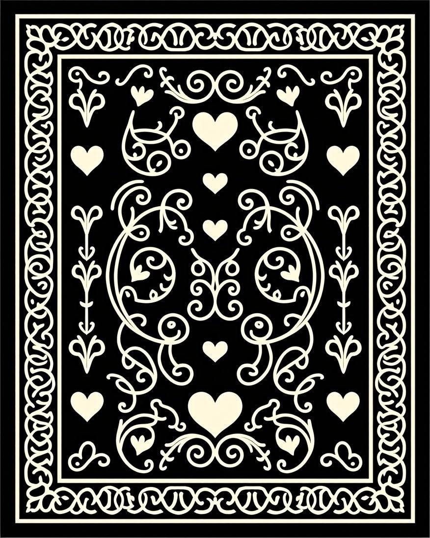 Cream Hearts Scrollwork Black Rug