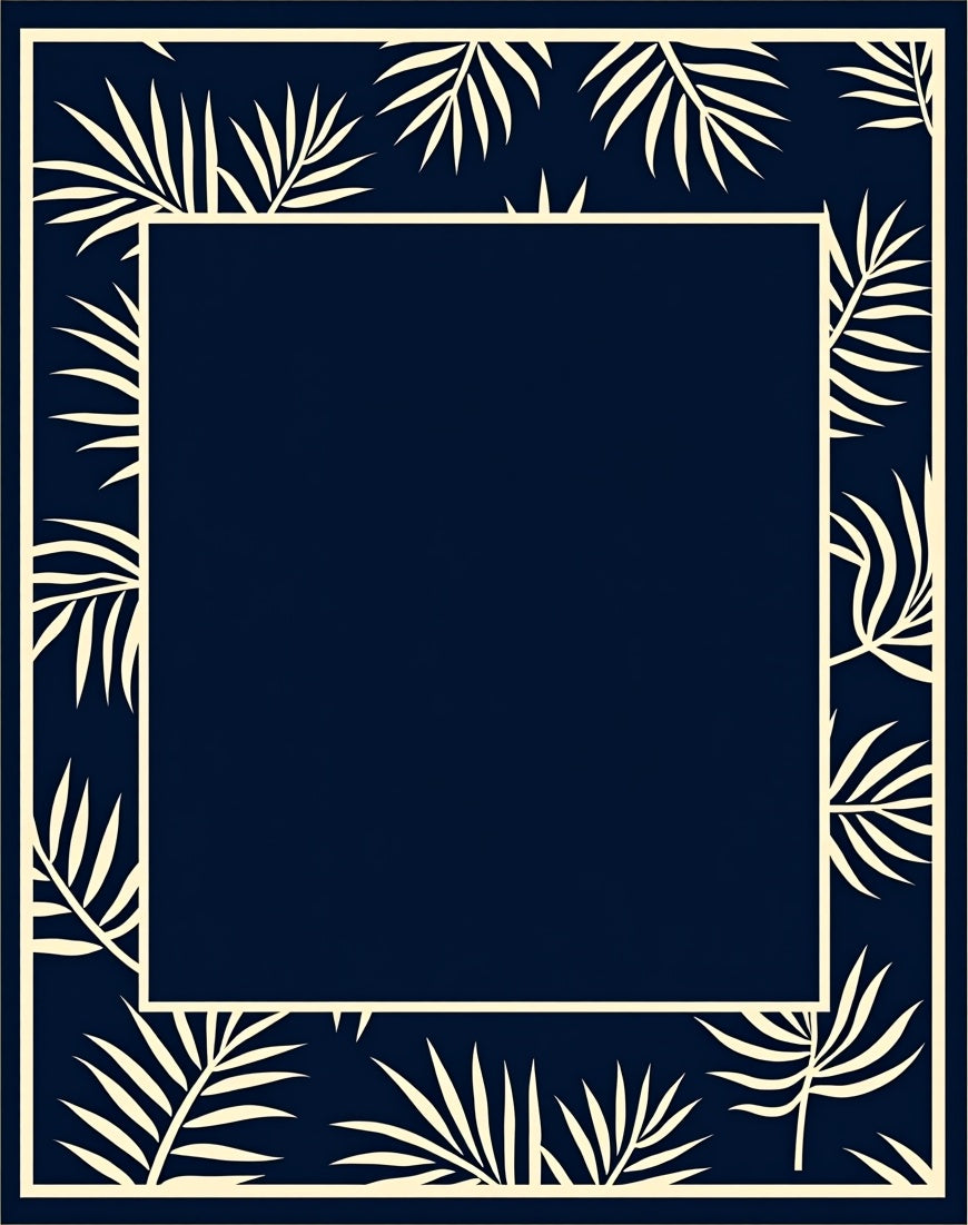 Navy Cream Tropical Leaf Border Rug