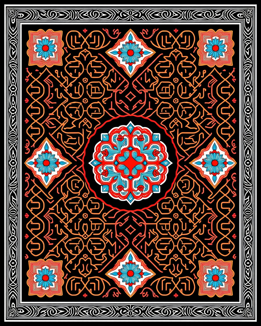 Ornate Graphic 4 Flower Design Rug