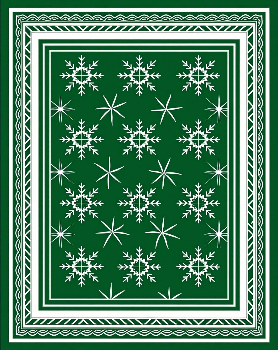 Festive White Snowflake Green Design Rug