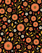 Orange Floral Vine Pattern Black Background Rug
