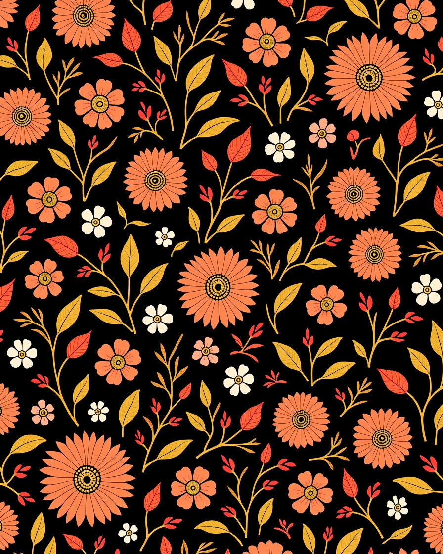 Orange Floral Vine Pattern Black Background Rug
