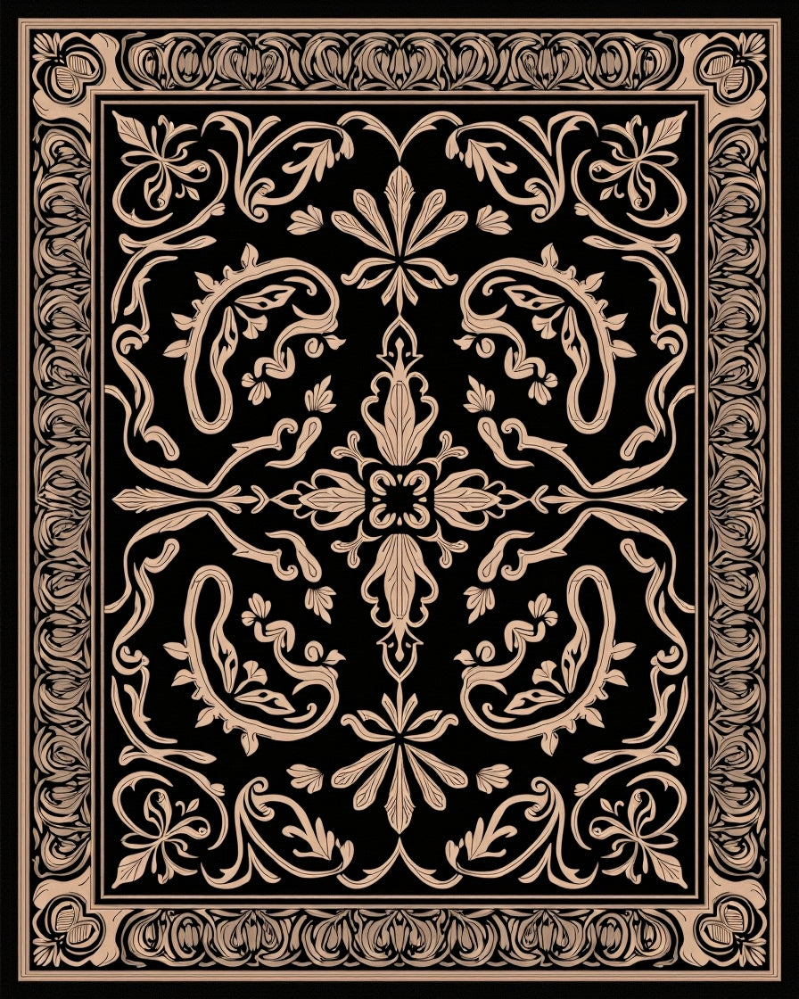 Ornate Vintage Floral Black Tan Rug