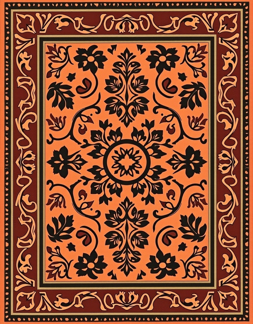 Vibrant Orange Black Floral Border Pattern Rug