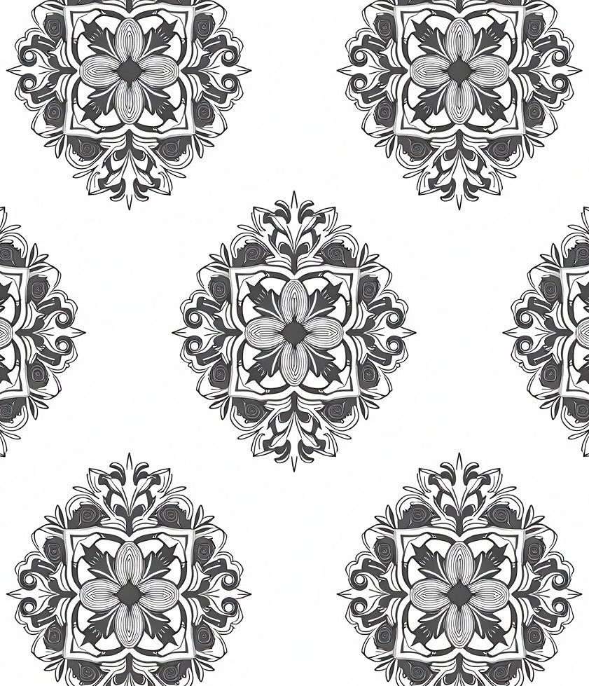 Monochrome Floral Medallion Pattern Rug