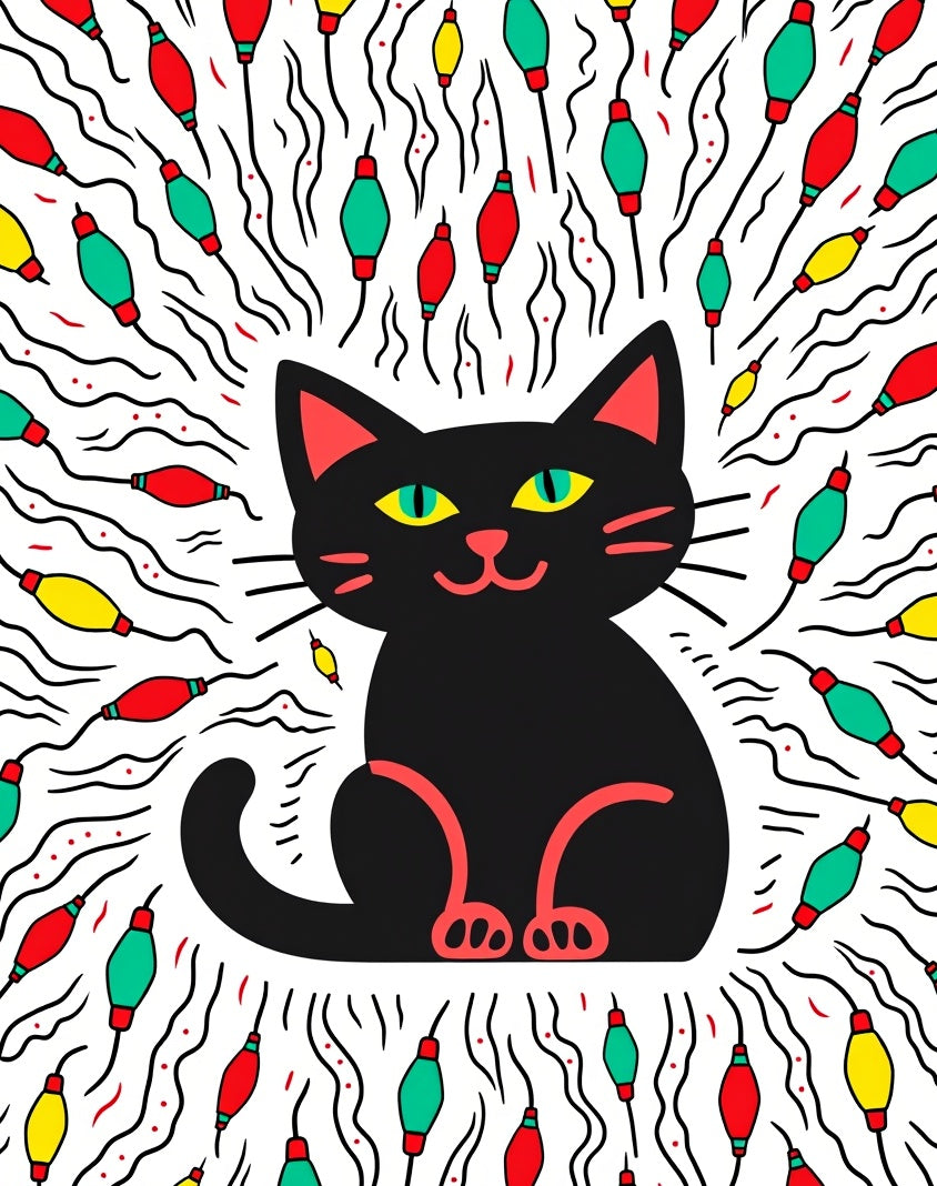 Black Cat With Colorful Lights Pattern Rug