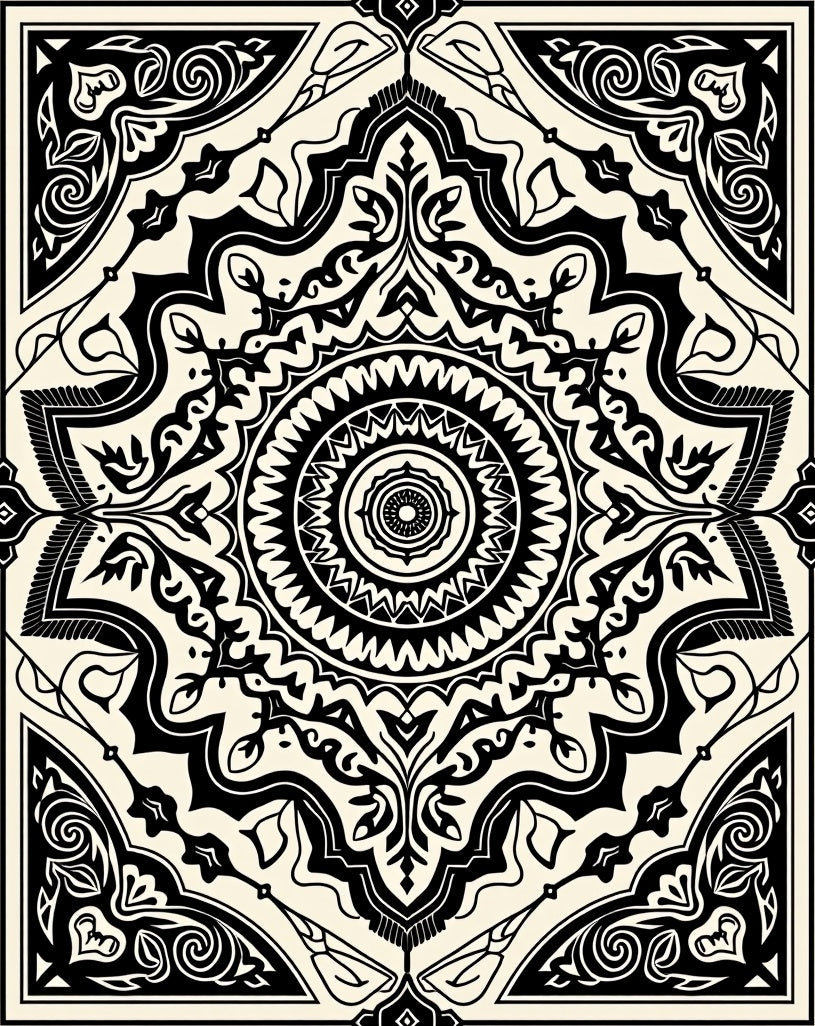 Intricate Black Mandala Symmetry Pattern Rug