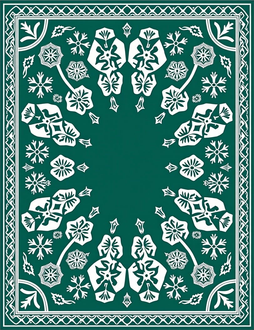 Symmetrical White Floral Pattern Teal Rug