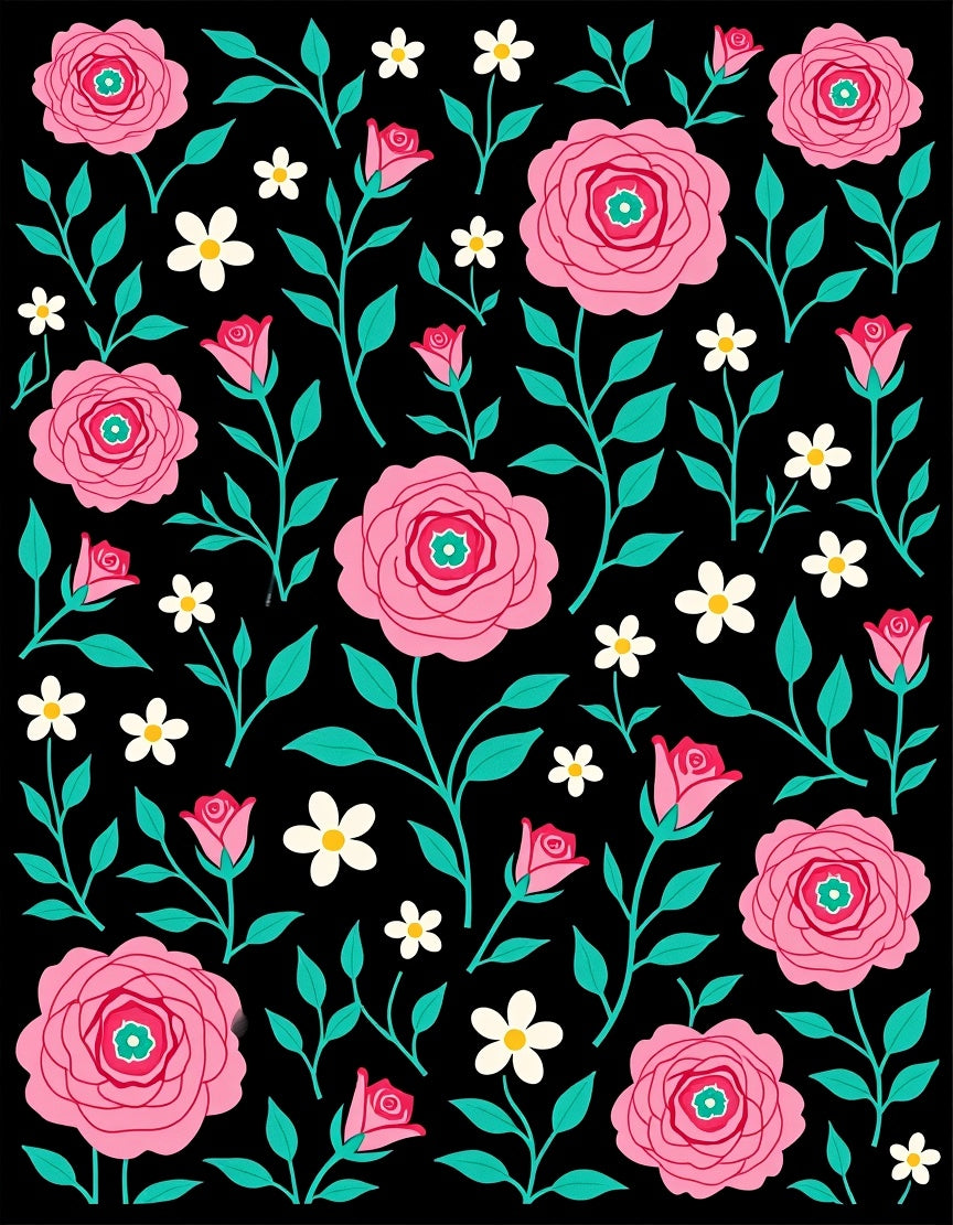 Pink Floral Vines On Black Background Rug