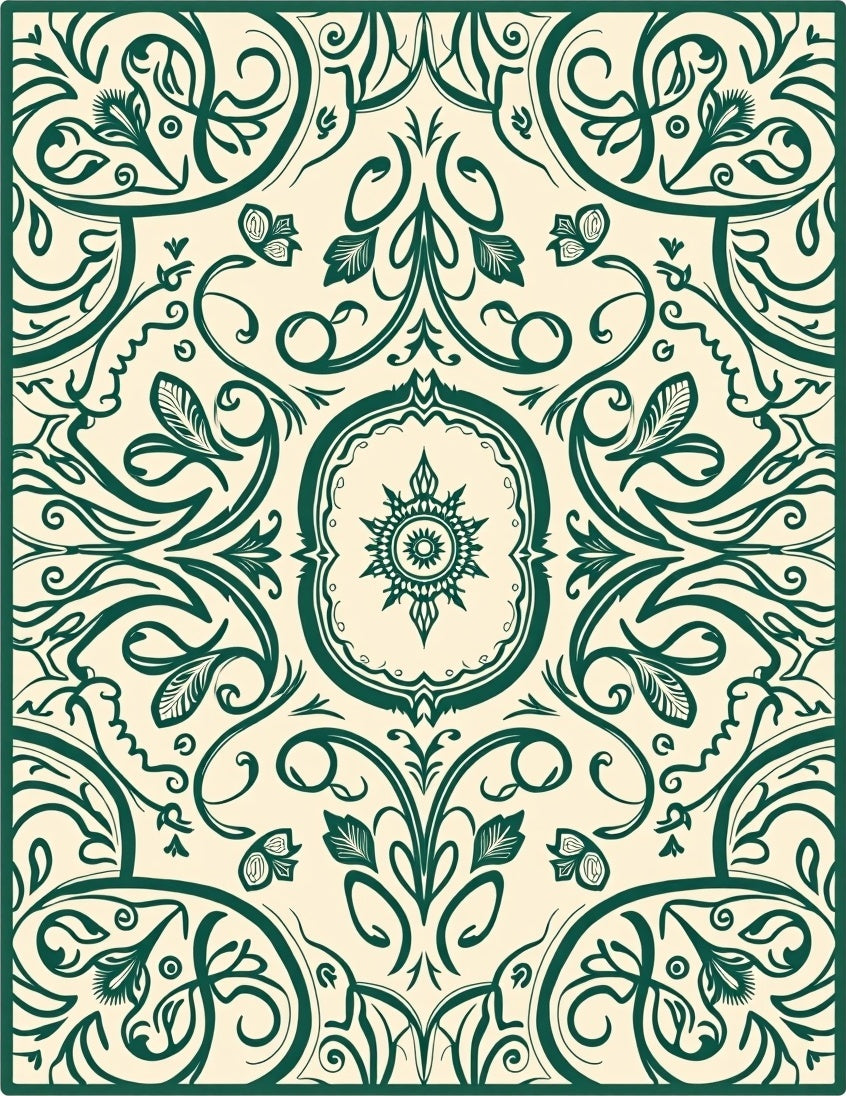 Ornate Emerald Swirl Floral Design Rug