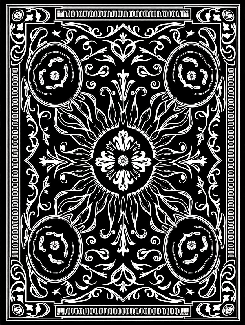 Black White Sun Floral Pattern Rug