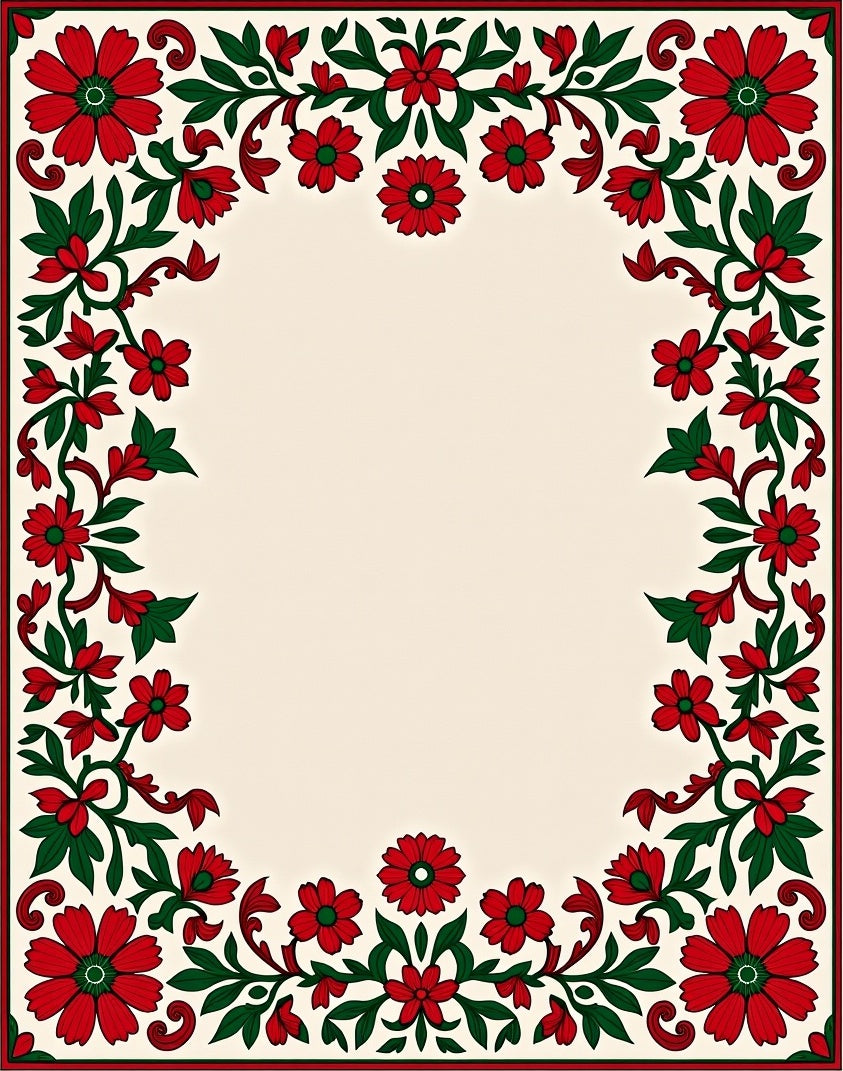 Red Floral Swirls Leaves Design Rug