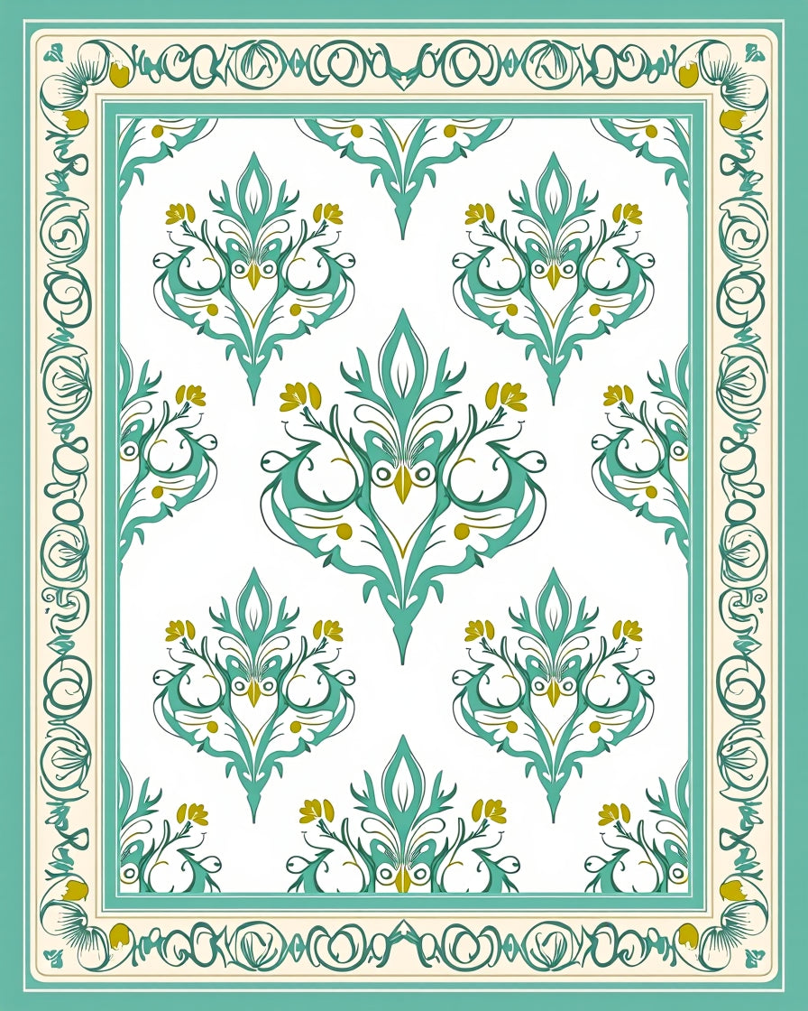 Elegant Teal Floral Scroll Border Rug