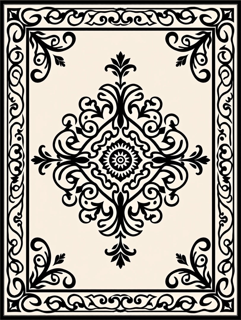 Classic Black White Floral Frame Rug