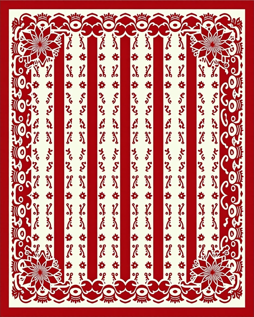Artistic Red Cream Floral Stripe Rug