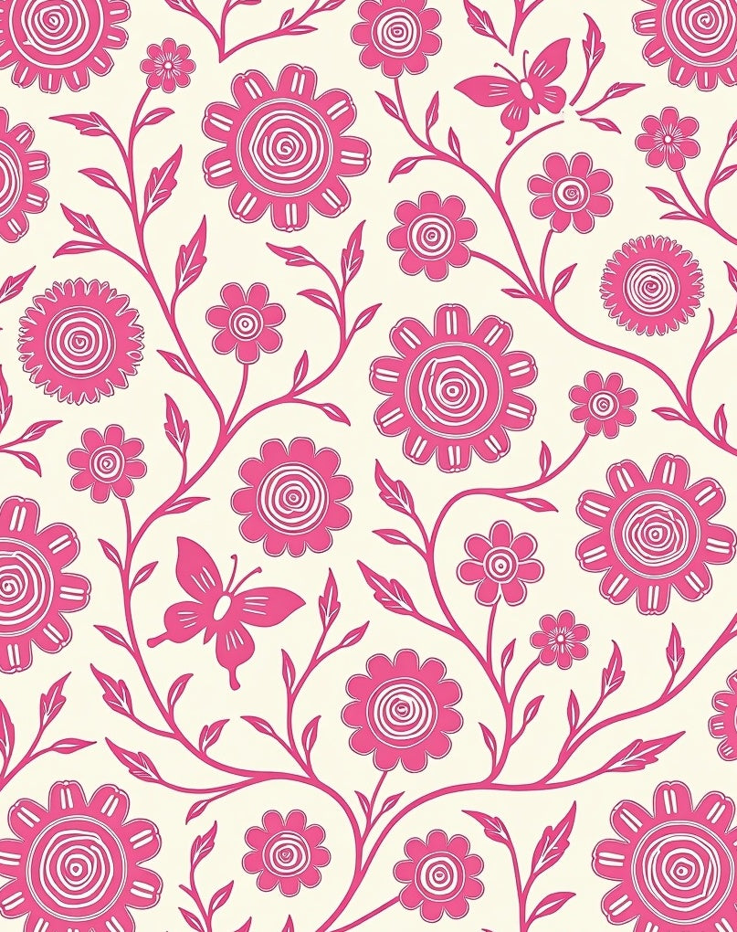 Whimsical Pink Floral Butterfly Pattern Rug