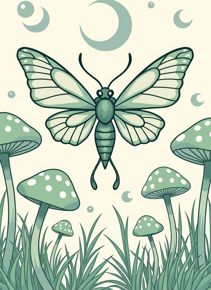 Magical Moth and Mushroom Garden Art Rug