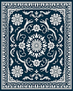 Dark Blue White Floral Intricate Design Rug