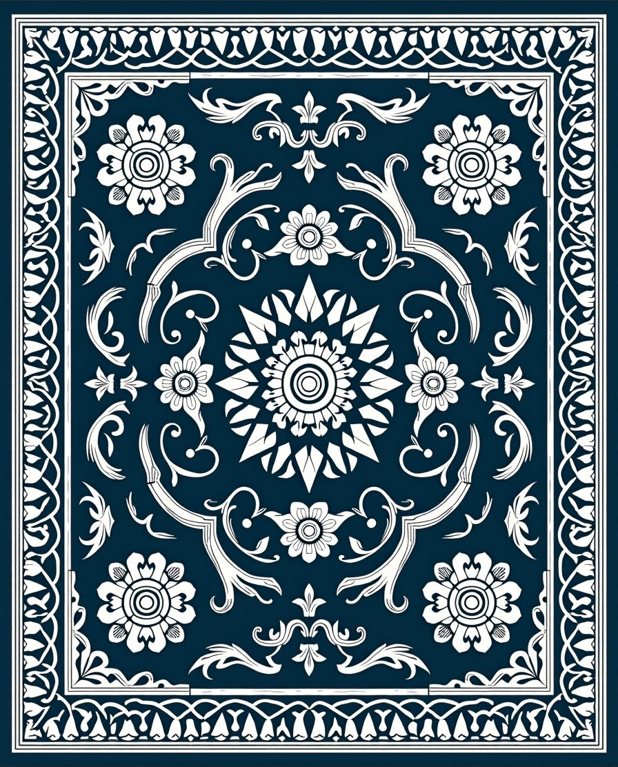 Dark Blue White Floral Intricate Design Rug
