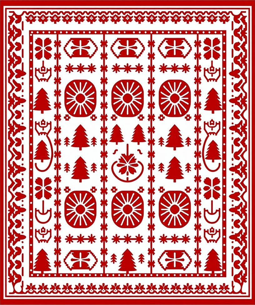 Classic Red Geometric Tree Folk Rug