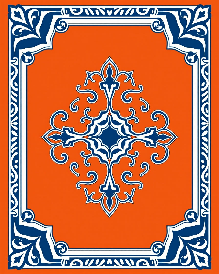 Vibrant Orange Navy Floral Medallion Rug