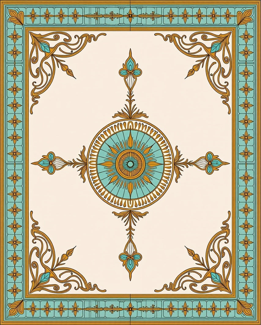 Ornate Teal Gold Floral Medallion Rug